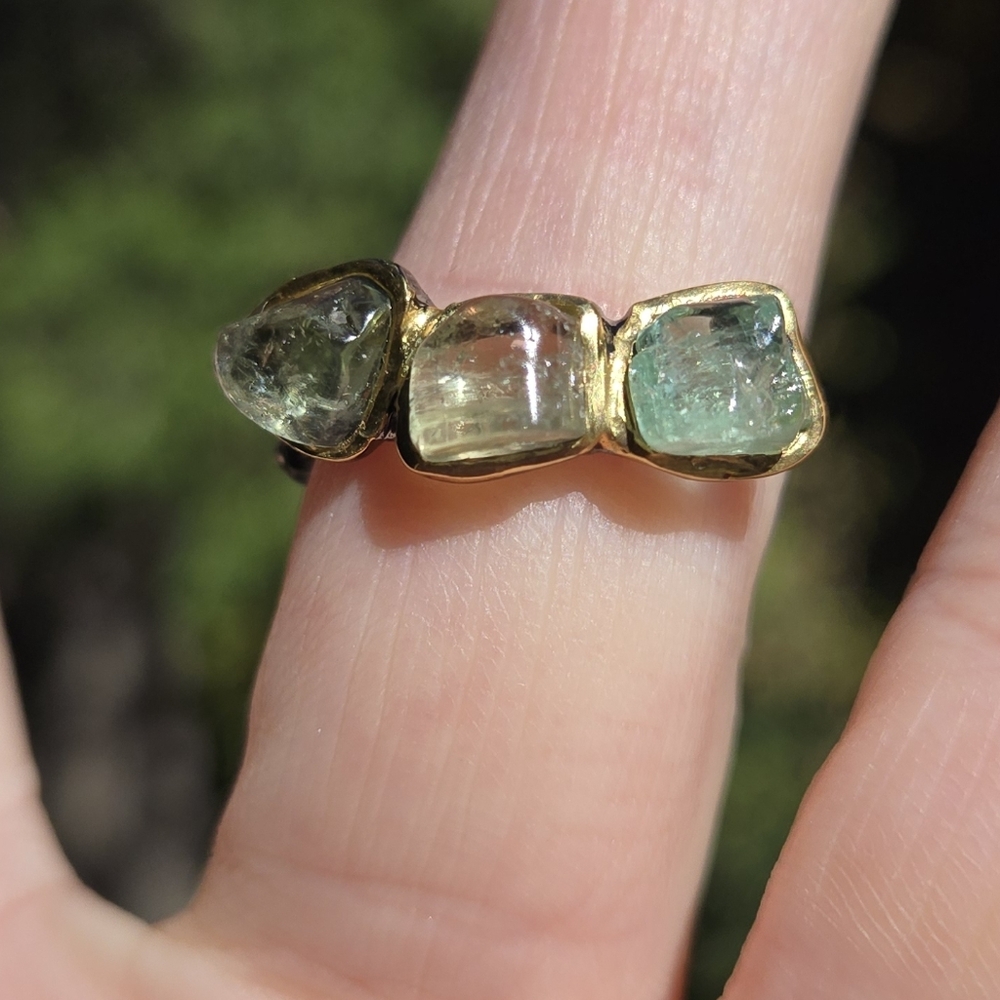 Tourmaline Natural Gemstones Sterling Rhodium & Gold Ring Sz8 - Picture 8 of 10